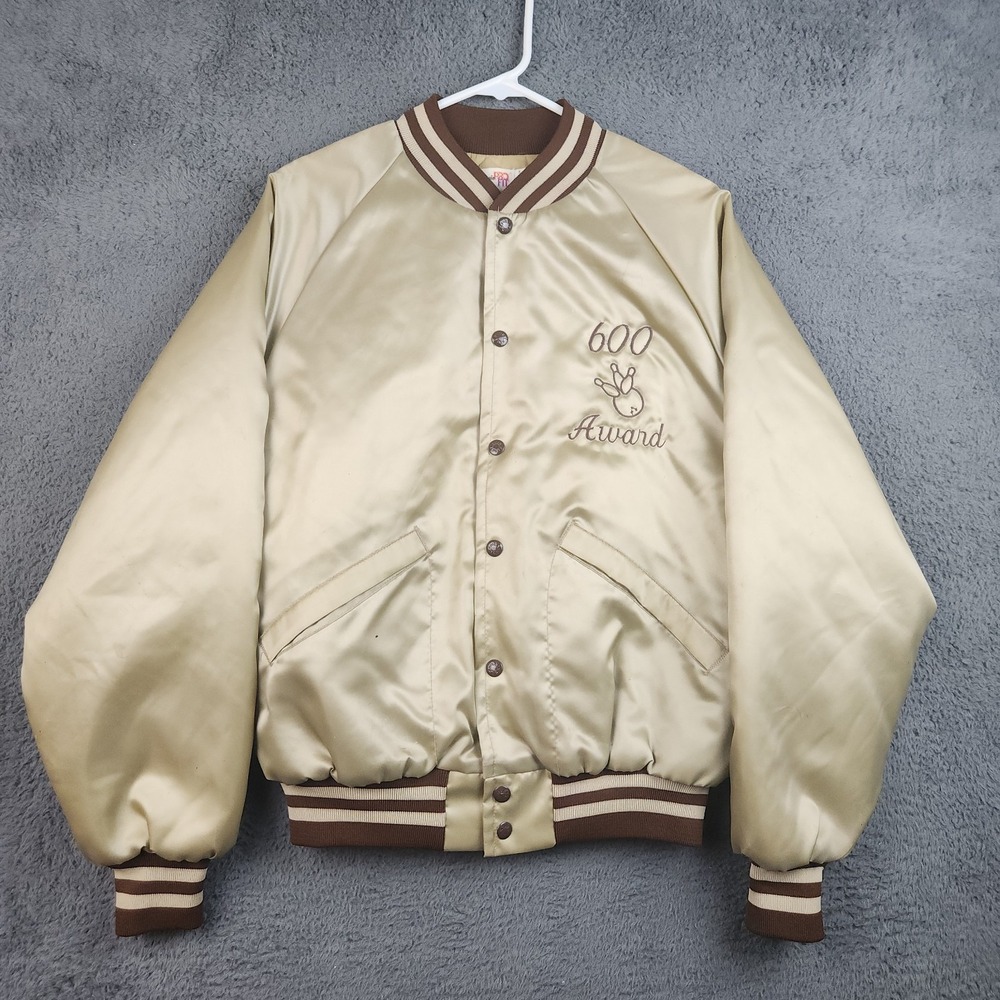 VTG Bomber Jacket Medium Gold Satin Snap King Louie USA Union Interstate Bowling